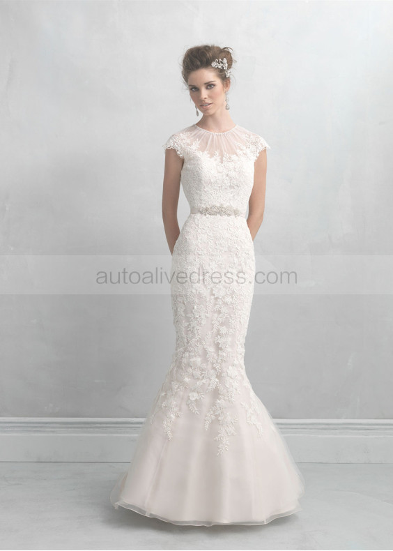 Mermaid Ivory Lace Tulle Jewel Neckline Awesome Wedding Dress